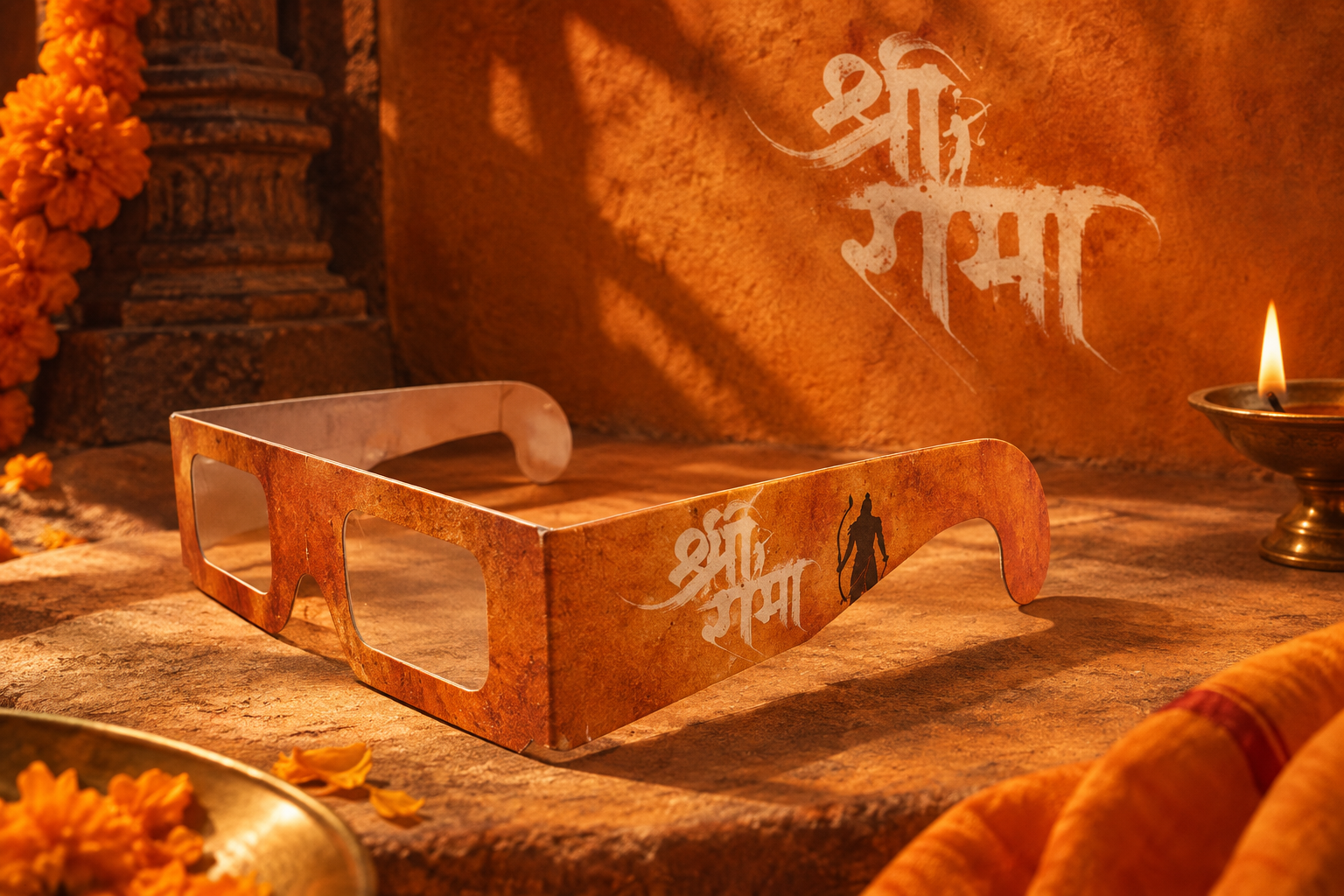 Ram Edition paper spec with श्री राम calligraphy on a saffron temple wall