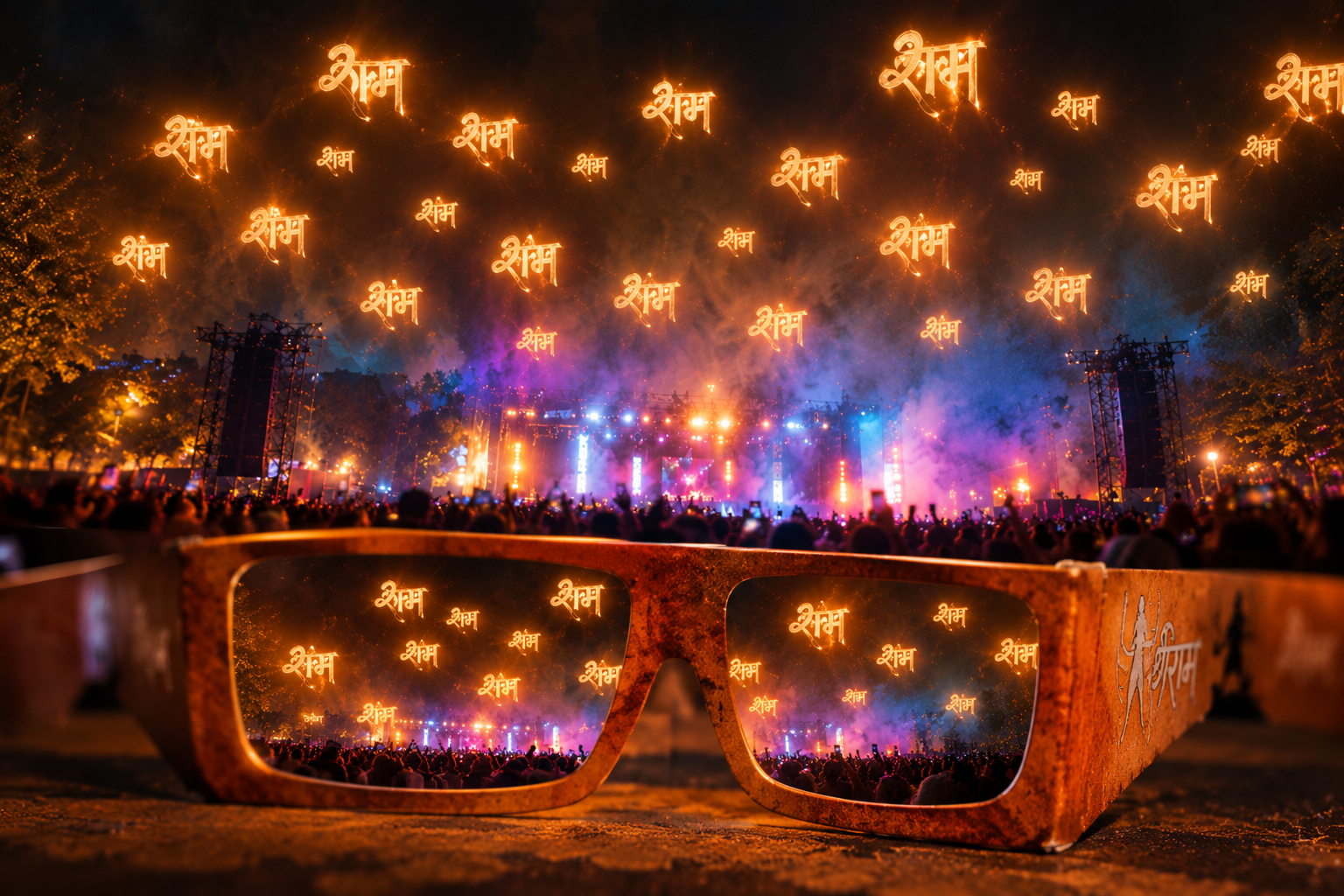 The same concert seen through diffraction specs, every light blooming into राम